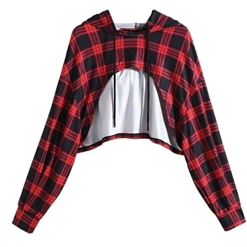 FUIFAC Womens Hoodie Size 20 Crop Long Sleeve Tops Fashion Red Black Plaid New
